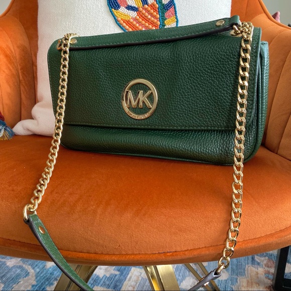 Michael Kors Genuine Leather Hunter Green Shoulder Bag with Gold Accents - Picture 5 of 14